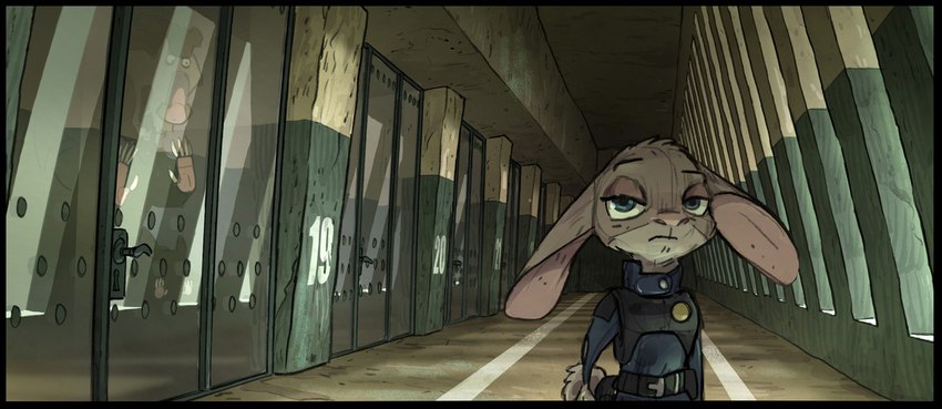 anthro belt blue_eyes bored clothing ears_down emotionless female fur glass grey_body grey_fur group half-closed_eyes hallway light male narrowed_eyes pivoted_ears police police_badge police_uniform police_vest prison prison_cell scut_tail short_tail solo somber tail topwear uniform vest matthias_lechner disney zoodystopia zootopia judy_hopps bear lagomorph leporid mammal rabbit concept_art lighting official_art