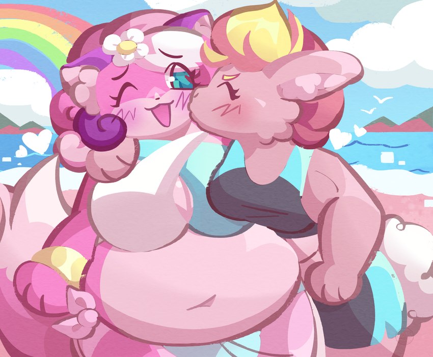 anthro beach blush canon_couple clothing day duo female female/female kissing_cheek rainbow swimwear merricoeur super_lesbian_animal_rpg allison_goleta melody_amaranth avian bird canid canine fox gull lagomorph lari larid leporid mammal rabbit 2024 hi_res trans_(lore) trans_woman_(lore)