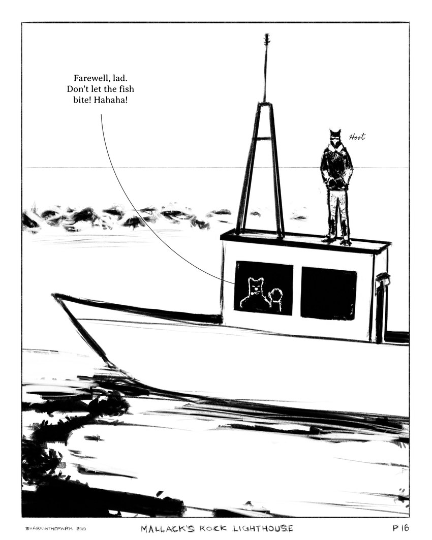 boat border clothing coat dialogue gesture male motorboat_(boat) pipe radio_antenna rock sea silhouette standing topwear vehicle water watercraft waving waving_hand white_border window sharkinthepark maccaw_(sharkinthepark) macleish_(sharkinthepark) avian bird canid canine canis domestic_dog mammal owl 2025 4:5 absurd_res black_and_white comic hi_res monochrome
