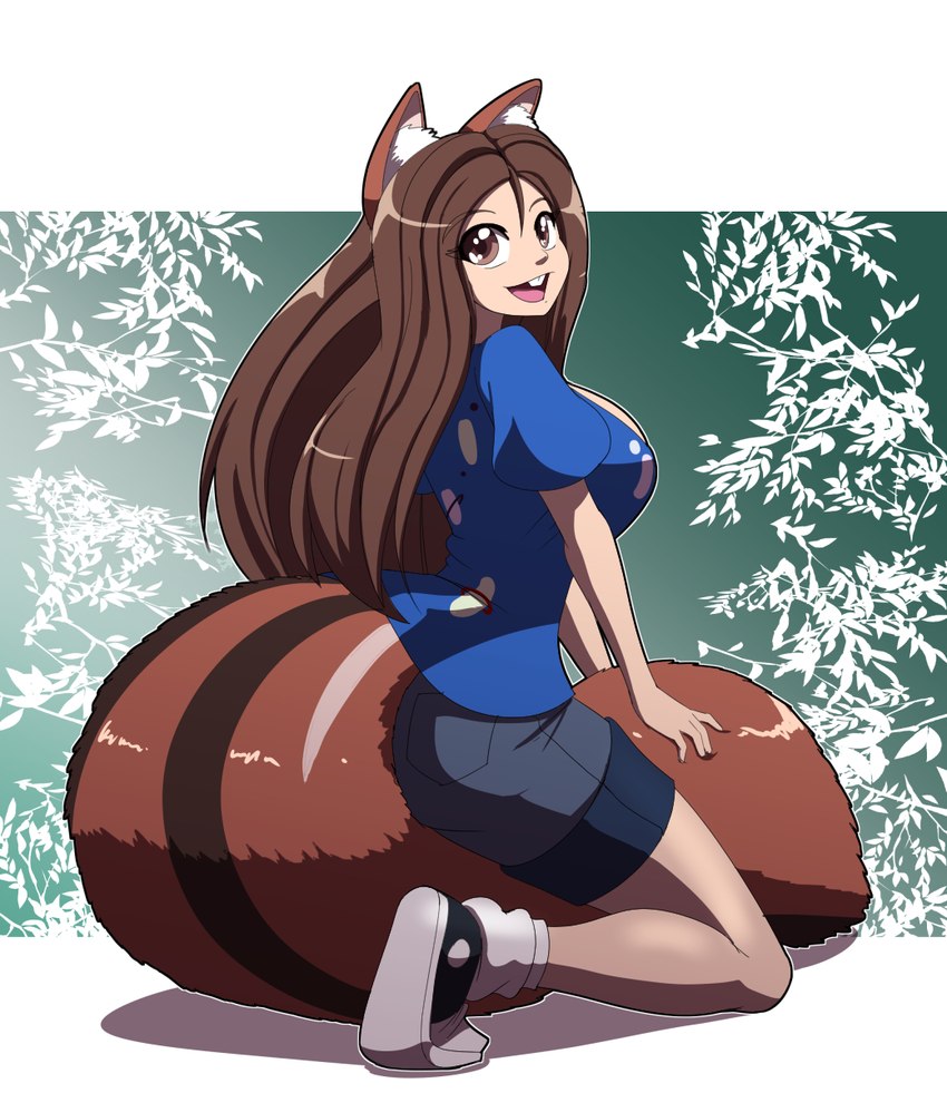 bottomwear brown_eyes brown_hair buckteeth butt butt_pose clothing female hair long_hair pose shorts sitting sitting_on_tail smile smiling_at_viewer solo teeth kojiro-brushard malkai_(malkaiwot) animal_humanoid humanoid mammal mammal_humanoid rodent rodent_humanoid sciurid sciurid_humanoid tree_squirrel_humanoid 2018 hi_res