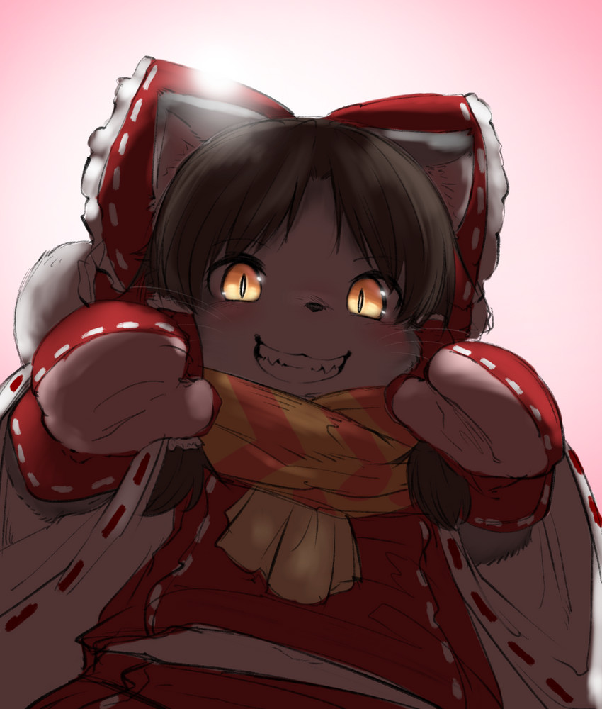 accessory alternate_species ambiguous_gender anthro bow_ribbon clothed clothing furrification glowing glowing_eyes grin hair_accessory hair_ribbon handwear kemono looking_at_viewer mittens red_clothing ribbons scarf smile solo young koishi_chikasa cookie_(touhou) touhou benikurage reimu_hakurei domestic_cat felid feline felis mammal hi_res