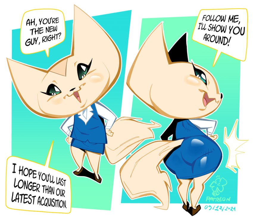 anthro butt dialogue female fur green_eyes office_lady short_stack solo tan_body tan_fur text oddjuice aggretsuko sanrio fenneko canid canine fennec_fox fox mammal true_fox 2024 english_text