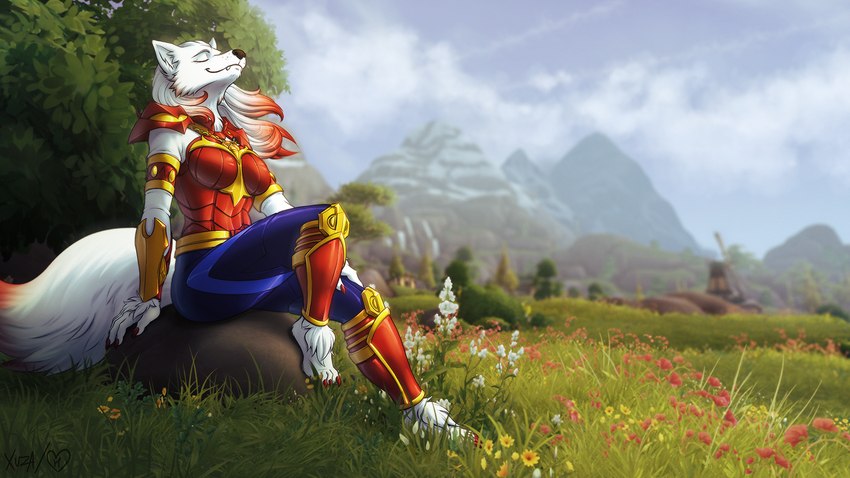 anthro armor barefoot clothed clothing cloud content cute_fangs detailed_background eyes_closed fangs feet female flower fur hair mountain outside plant rock sky smile solo teeth tree white_body white_fur white_hair wind windmill howlite canid canine canis mammal wolf 16:9 2019 widescreen