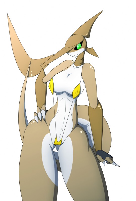 anthro big_eyes bikini breasts claws clothed clothing female fin fingerless_gloves gloves green_eyes handwear navel one-piece_swimsuit sling_bikini solo swimwear tail tail_fin two-piece_swimsuit r-mk fish marine sawshark shark 2015 digital_media_(artwork) hi_res