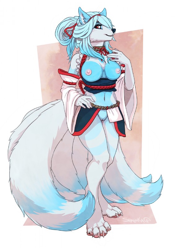 4_toes 5_fingers anthro barefoot biped blue_hair blue_nose breasts claws clothed clothing digitigrade feet female fingers genitals hair midriff navel nipples pawpads paws pink_pawpads pussy red_eyes smile solo toes shalinka haruna_(~specter01) canid canine fox mammal 2018 digital_media_(artwork) hi_res