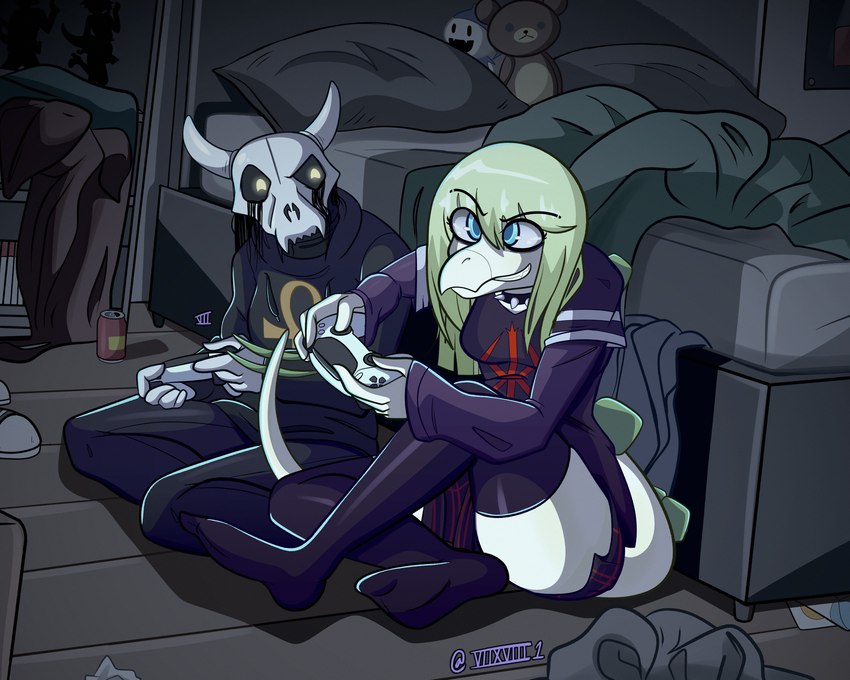 4_fingers ankh anthro bed bedroom beverage_can blue_eyes bone bottomwear clothing collar detailed_background duo female fingers furniture green_hair hair hoodie inside long_hair long_socks long_tail male pale_body pale_scales plushie ps5_controller sitting skirt skull skull_head smile snout spiked_collar spiked_tail spikes spikes_(anatomy) tail topwear seven_(artist) berserk_(series) cavemanon_studios playstation playstation_5 snoot_game sony_corporation sony_interactive_entertainment cynthia_(snoot_game) dinosaur ornithischian prehistoric_species reptile scalie stegosaurian stegosaurus thyreophoran 2024 absurd_res artist_name digital_drawing_(artwork) digital_media_(artwork) hi_res watermark