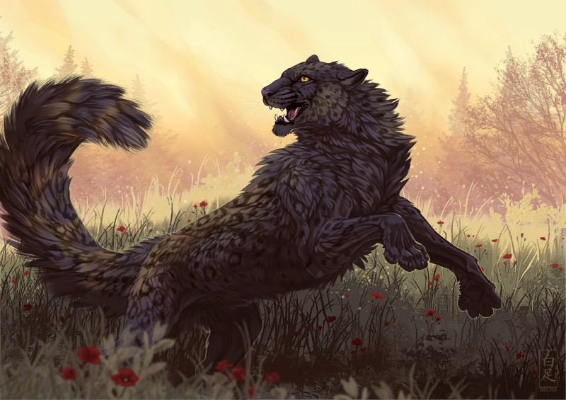 black_body black_fur day fangs feral field flower fur grass looking_back markings melanistic on_two_legs open_mouth outside plant poppy_(flower) solo spots spotted_body spotted_fur teeth tree whiskers yellow_eyes shiroashi felid mammal pantherine snow_leopard hi_res