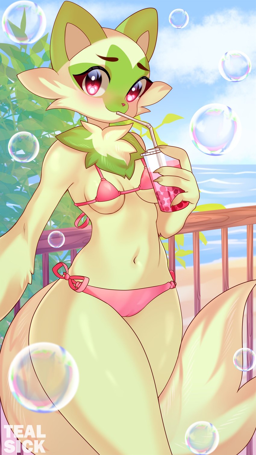 anthro back-tie_bikini back-tie_clothing back-tie_swimwear beverage bikini breasts bubble bubble_tea camel_toe clothed clothing cloud female frutiger_aero fur green_body green_fur holding_beverage holding_object iridescent iridescent_bubble navel outside pink_bikini pink_clothing pink_swimwear plant side-tie_bikini side-tie_clothing side-tie_swimwear sky small_breasts solo string_bikini swimwear triangle_bikini two-piece_swimsuit under_boob tealsick nintendo pokemon generation_9_pokemon pokemon_(species) sprigatito 2022 absurd_res artist_name digital_media_(artwork) hi_res shaded