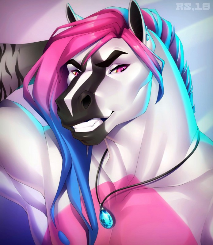 anthro biped black_body black_eyebrows black_fur black_stripes blue_hair blue_nipples crossgender ear_piercing eyebrows fur hair hand_on_head jewelry long_hair looking_at_viewer male manly multicolored_body multicolored_fur multicolored_hair necklace nipples piercing pink_body pink_eyes pink_fur pink_hair pose smile solo striped_body striped_fur stripes teeth two_tone_hair white_body white_ears white_fur radiant_scar candy_(candymare) equid equine horse mammal 2018 bust_portrait hi_res portrait