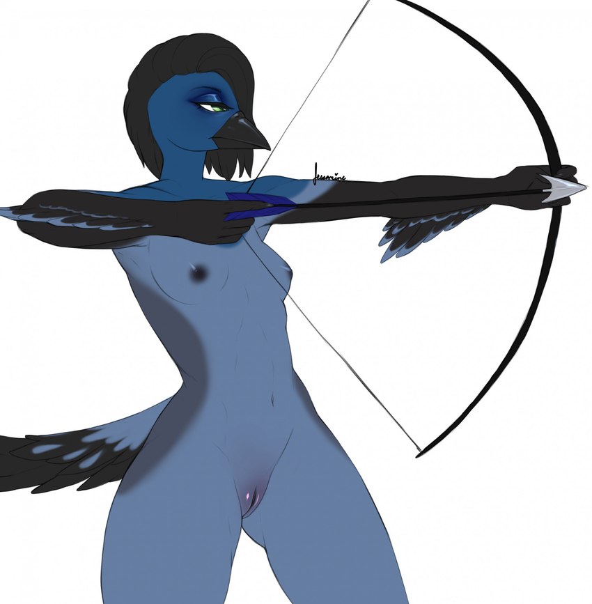 anthro beak black_nipples black_pussy blue_body blue_feathers bow_(weapon) breasts eyeshadow feathers female genitals green_eyes makeup narrowed_eyes nipples non-mammal_breasts non-mammal_nipples nude pussy ranged_weapon simple_background small_breasts solo tail tail_feathers weapon white_background reina. lady_stella_(pjt) avian bird blue_jay corvid jay_(bird) new_world_jay oscine passerine steller's_jay 2023 hi_res