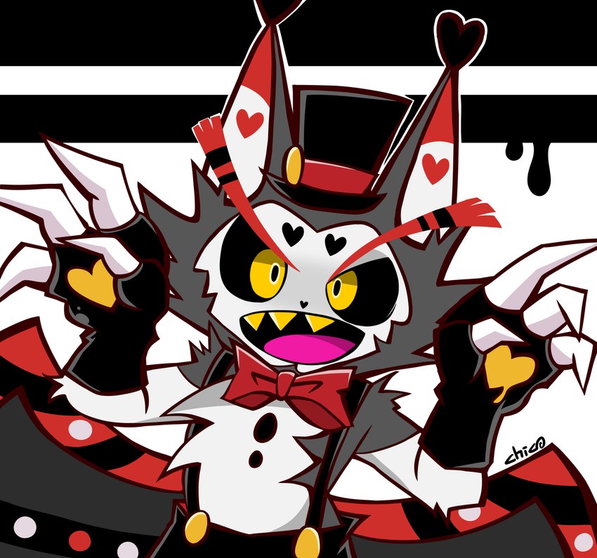 anthro clothed clothing feathered_wings feathers hat headgear headwear male solo suspenders teeth wings yellow_teeth chico hazbin_hotel husk_(hazbin_hotel) demon domestic_cat felid feline felis mammal absurd_res hi_res