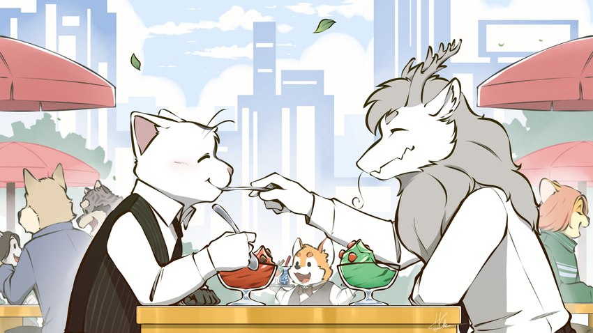 anthro cafeteria clothing dessert duo eating food fur horn ice_cream male male/male necktie smile smiling_at_another smiling_at_partner topwear vest white_body white_clothing white_fur doraemonbasil fei_ren_zai_(non_human) mythology ao_lie canid canine domestic_cat dragon eastern_dragon felid feline felis mammal mythological_creature mythological_scalie scalie 16:9 hi_res widescreen