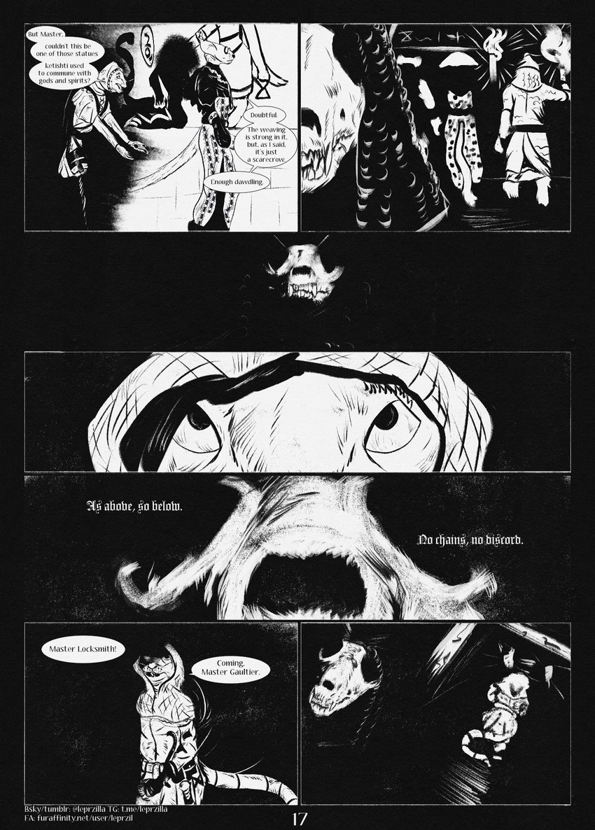 7_panel_comic anthro armor biped black_eyes black_nose clothed clothing dialogue ellipsis eyebrows eyewear fingers glasses group hood male medieval open_mouth page_number question_mark sculpture sharp_teeth speech_bubble standing statue tail talking_to_another teeth text tongue torch walking warrior white_sclera leprzil canid canine canis domestic_cat domestic_dog felid feline felis gulonine mammal marten murid murine mustelid musteline oriental_shorthair rat rodent 2025 comic english_text hi_res monochrome