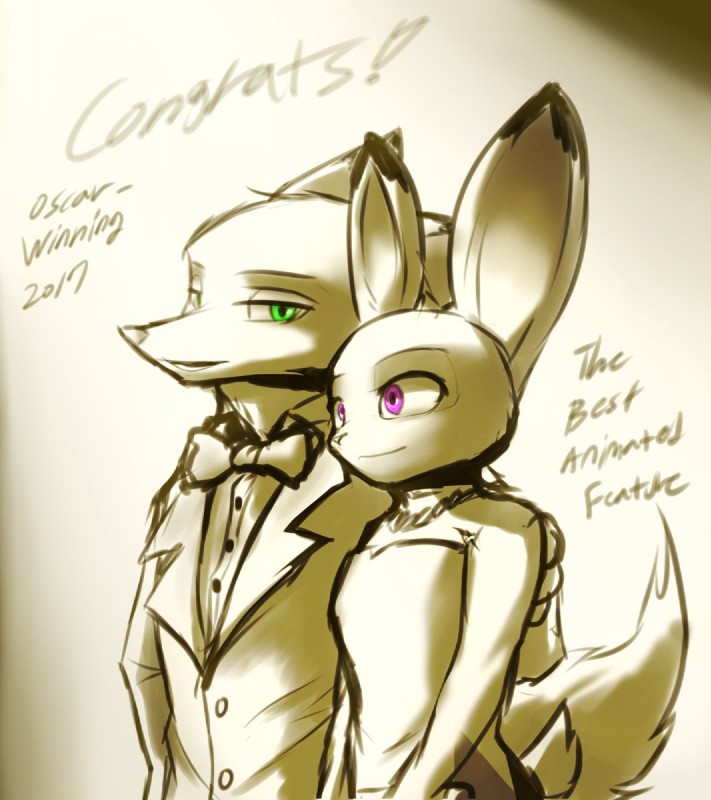 anthro bare_shoulders black_tie_(suit) bow_(feature) bow_tie clothing dipstick_ears dress duo ear_markings female fur green_eyes hand_behind_back jewelry male multicolored_ears necklace purple_eyes simple_background size_difference smile suit text endjfcar academy_awards disney zootopia judy_hopps nick_wilde canid canine fox lagomorph leporid mammal rabbit red_fox true_fox 2017 half-length_portrait hi_res portrait