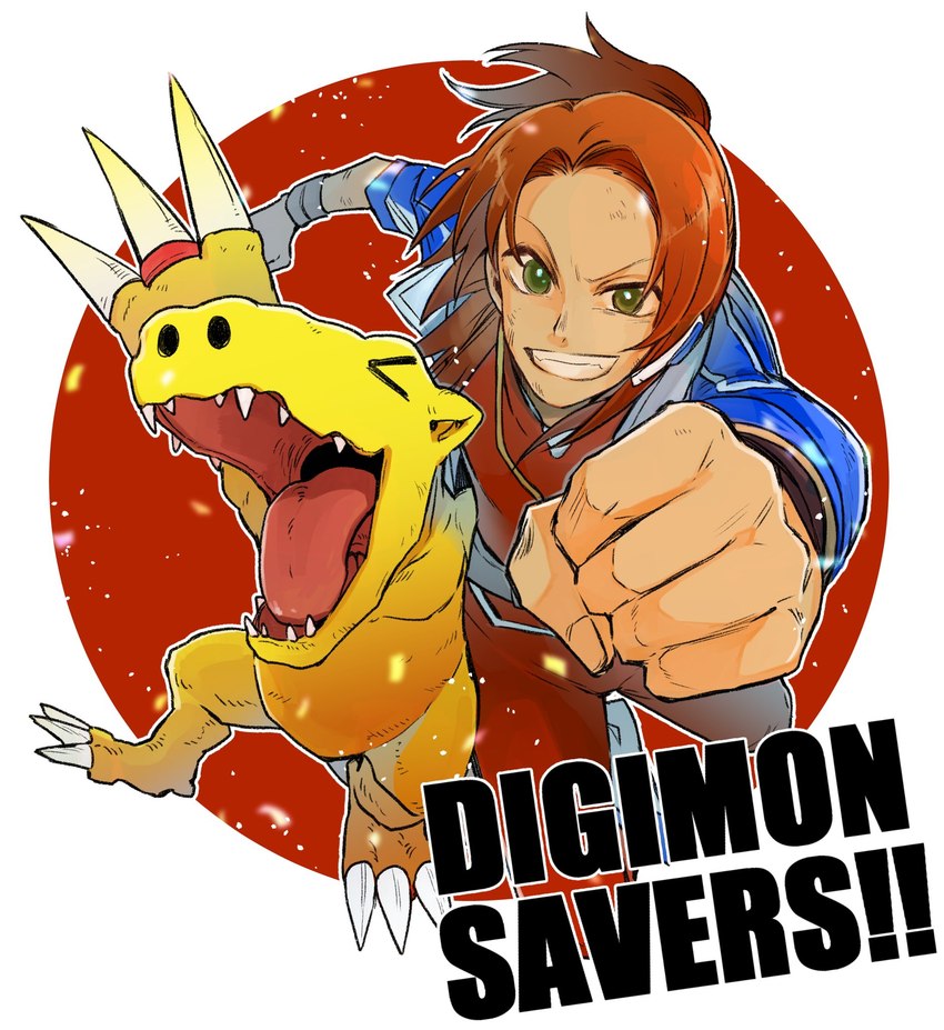 anthro brown_hair claws duo fist grin hair male ponytail sharp_teeth smile teeth yellow_body ulcer_gag bandai_namco digimon digimon_data_squad marcus_daimon agumon digimon_(species) human mammal hi_res