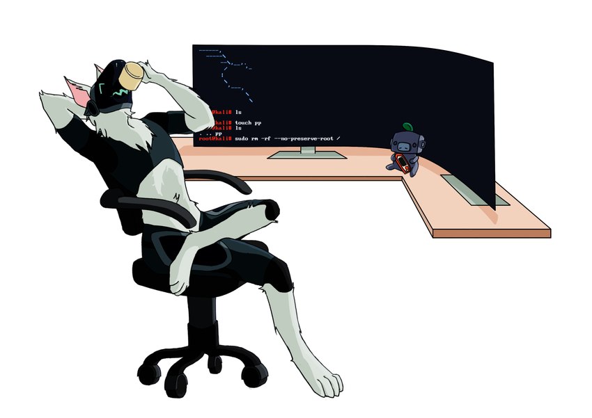 chair desk furniture machine male plushie simple_background solo table white_background sufferingdrunk linux wumpus humanoid protogen absurd_res hi_res