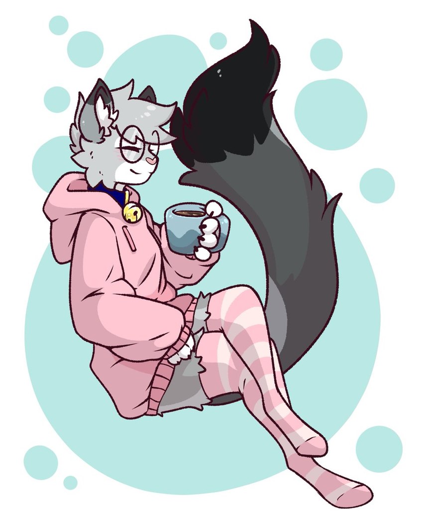 anthro bell bell_collar beverage big_tail blue_collar blush clothed clothing coffee coffee_cup coffee_mug collar container cup dipstick_ears dipstick_tail ear_markings eyewear femboy footwear fur glasses gold_bell grey_body hair happy holding_object hoodie leg_warmers legwear male markings multicolored_ears oversized_clothing oversized_hoodie oversized_topwear pattern_clothing pattern_legwear pink_clothing pink_hoodie pink_nose pink_topwear simple_background socks solo striped_clothing striped_legwear stripes tail tail_markings thigh_high_stockings thigh_highs thigh_socks topwear honeytongue nixuelle domestic_cat egyptian_mau felid feline felis mammal digital_media_(artwork) hi_res