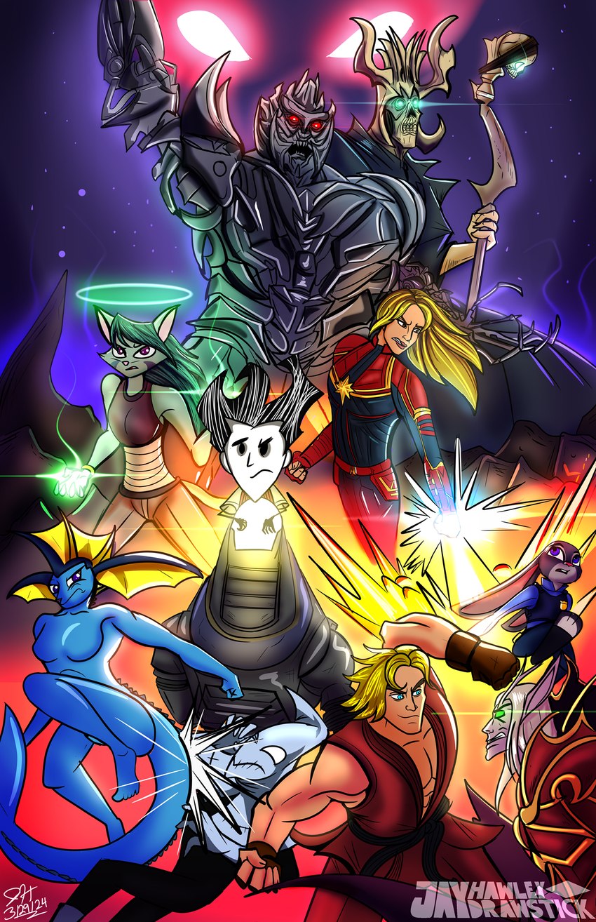 wilson percival higgsbury, kael'thas sunstrider, fisto, captain marvel, carol danvers, and etc (klei entertainment and etc) created by jaydrawstick