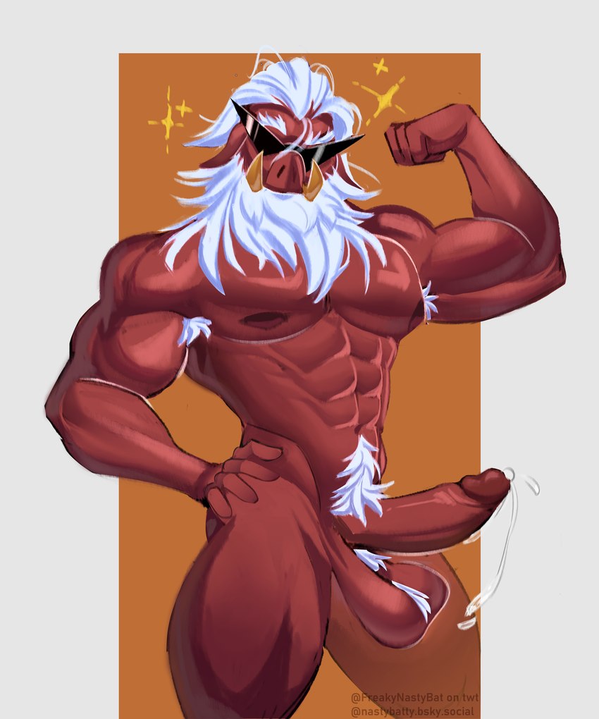 abs anthro armpit_hair ball_tuft balls beard big_balls big_pecs big_penis bodily_fluids body_hair dark_nipples erection eyewear facial_hair flexing flexing_bicep flexing_muscles fur genital_fluids genitals glistening glistening_body hair humanoid_genitalia humanoid_hands humanoid_penis looking_at_viewer male muscular muscular_male nipples nude pecs penis pubes pubes_exposed red_body saggy_balls simple_background solo sparkles tuft tusks white_body white_fur white_hair eirikbat mihoyo zenless_zone_zero big_daddy_(zenless_zone_zero) mammal suid suine sus_(pig) thiren wild_boar 5:6 absurd_res digital_media_(artwork) hi_res