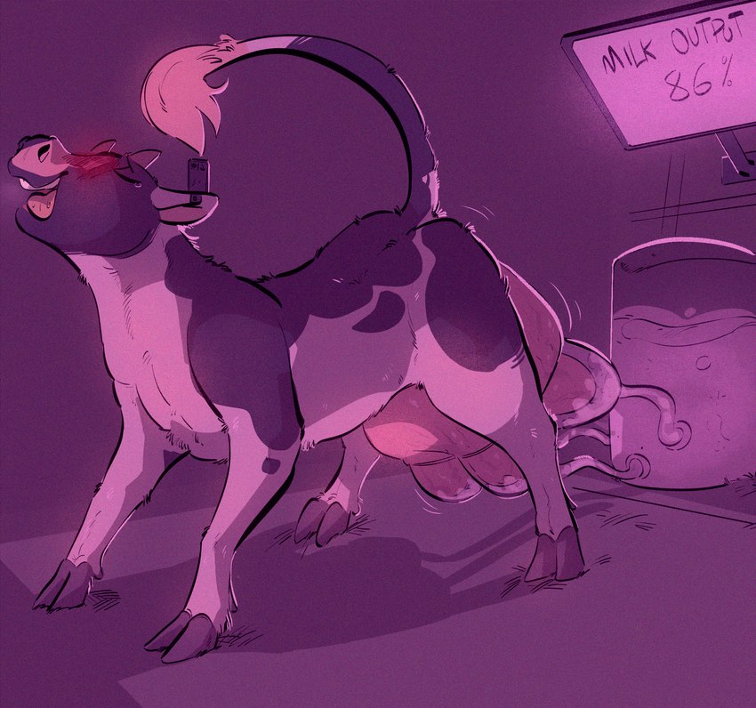 after_transformation big_teats big_udders blush bodily_fluids breast_milking female feral lactating looking_pleasured machine milk milking_machine nipples raised_tail solo spread_legs spreading tail teats udder_milking udders zoba_(artist) bovid bovine cattle mammal hi_res purple_theme