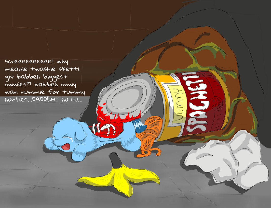 >_< ambiguous_gender baby_talk bag banana_peel blood blue_body blue_fur blue_tail bodily_fluids bone canned_food dialogue dying exposed_muscle eyes_closed fatal_wound featureless_hands featureless_legs feral food fur gore grotesque micro open_mouth pained_expression pasta screaming solo spaghetti tail text trash trash_bag young young_ambiguous young_feral carpdime fluffy_pony fluffy_pony_(species) mammal english_text