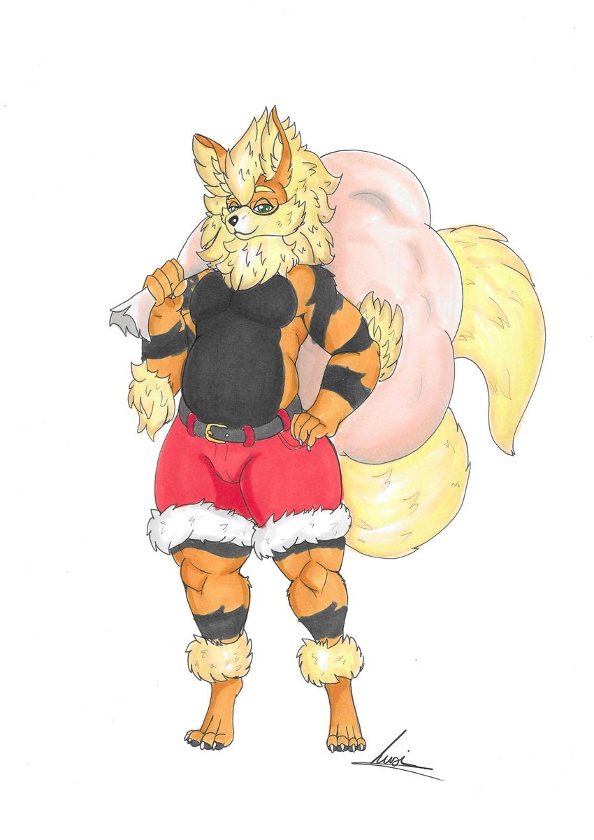 anthro bag bottomwear clothed clothing eyewear fluffy glasses holidays male muscular pants solo topless topless_anthro topless_male lxk777 christmas nintendo pokemon emarcanine arcanine generation_1_pokemon pokemon_(species) hi_res