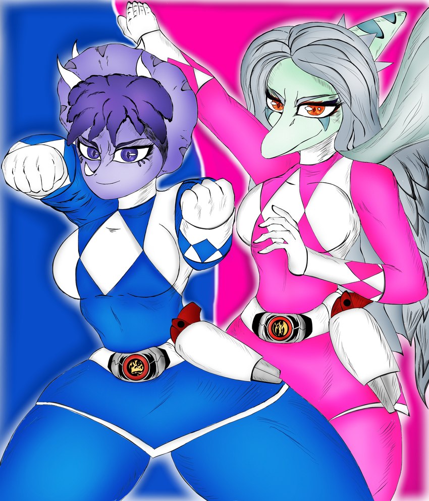 5_fingers amber_eyes anthro belt big_breasts blue_body blue_scales bone_frill breasts duo eyelashes eyeliner feathers female fighting_pose fingers fist frill_(anatomy) grey_body grey_feathers grey_hair gun hair handgun holster holstered_pistol looking_at_viewer makeup pose pupils purple_body purple_eyes purple_hair purple_scales ranged_weapon scales slit_pupils snout spiked_hairband thick_thighs weapon wide_hips ozma_xz cavemanon_studios goodbye_volcano_high power_rangers snoot_game blue_ranger fang_(gvh) pink_ranger trish_(gvh) ceratopsian dinosaur ornithischian prehistoric_species pterodactylus pterosaur reptile scalie triceratops absurd_res hi_res