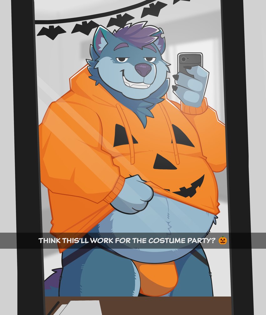 anthro belly belly_overhang big_belly blue_body blue_fur bulge cellphone clothed clothing electronics fur holidays hoodie jack-o'-lantern_print jockstrap male mirror mirror_reflection mirror_selfie obese obese_anthro open_mouth orange_clothing orange_jockstrap orange_topwear orange_underwear overweight overweight_anthro overweight_male phone reflection selfie smartphone smile smiling_at_viewer smirk smirking_at_viewer solo sweatshirt text topwear underwear furelliot halloween yukon canid canine canis mammal wolf absurd_res english_text hi_res