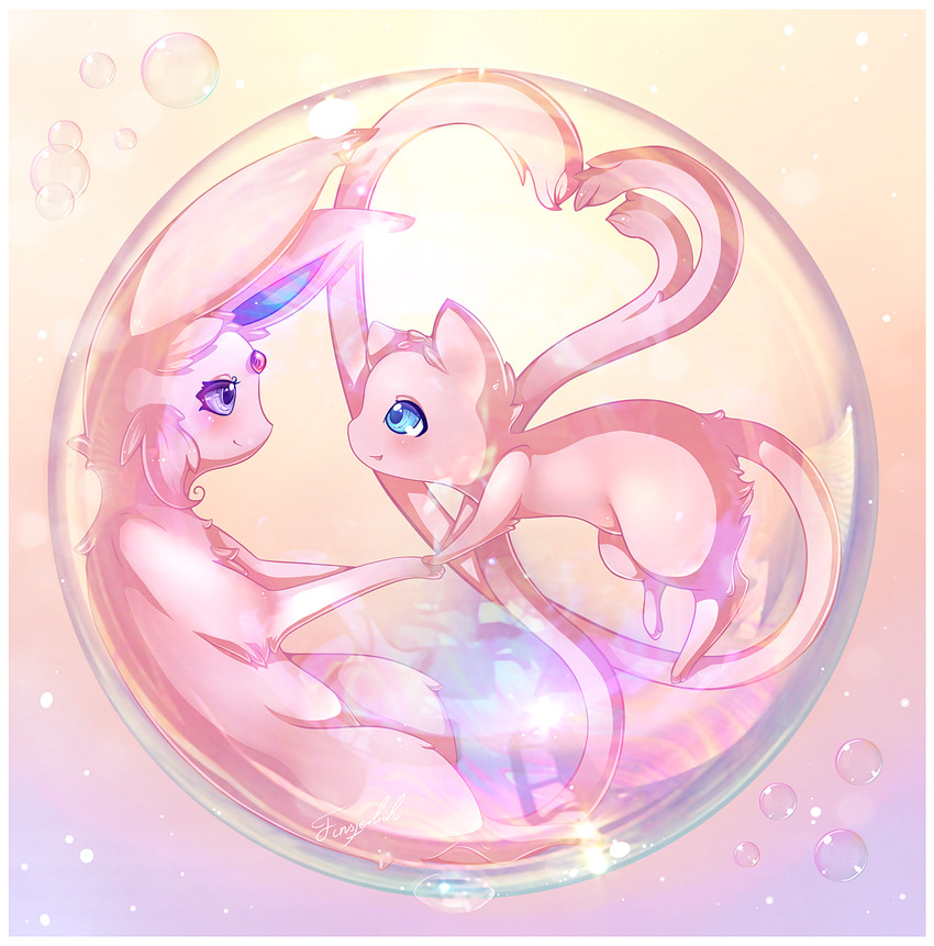 blue_eyes blue_inner_ear blush bubble cheek_tuft duo eye_contact eyelashes facial_tuft feral fur gem in_bubble inner_ear_fluff long_ears long_tail looking_at_another pink_body pink_fur purple_eyes smile tail tuft finsterlichart nintendo pokemon eeveelution espeon felid generation_1_pokemon generation_2_pokemon legendary_pokemon mammal mew_(pokemon) pokemon_(species) 2017 hi_res