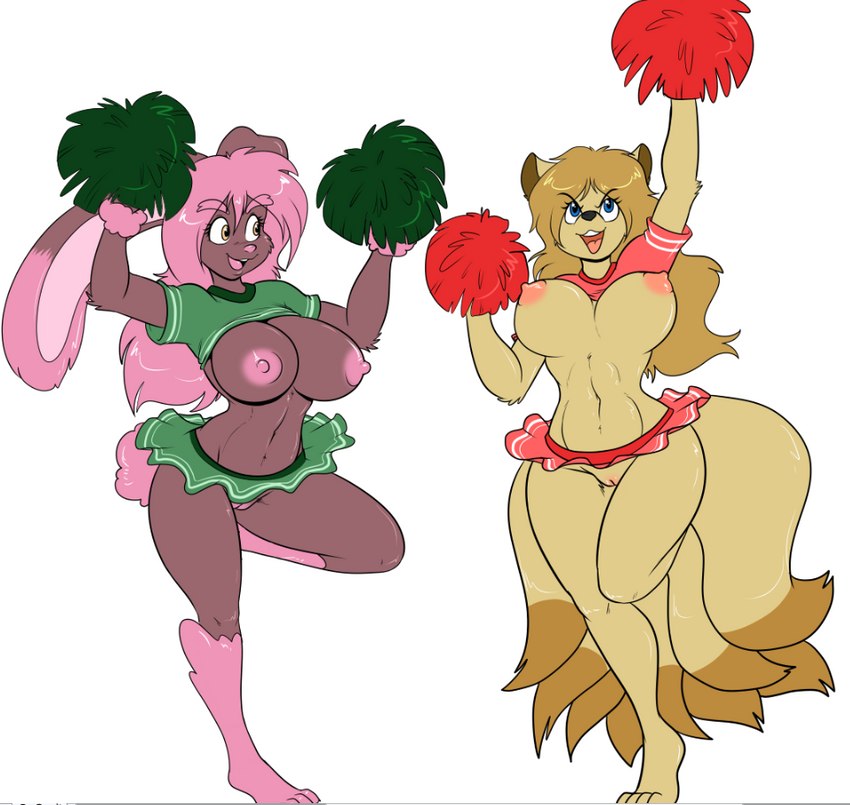 4_toes amber_eyes anthro areola barefoot big_breasts black_nose blonde_hair blue_eyes bottomwear bouncing_breasts breasts brown_body brown_fur cheering cheerleader clothed clothing duo feet female fur genitals hair hindpaw looking_at_another looking_up navel nipples no_underwear open_mouth open_smile paws pink_areola pink_hair pink_nipples pink_nose pokemorph pom_poms pussy raised_bottomwear raised_clothing raised_skirt shirt shirt_up skirt smile tan_body tan_fur teeth toes tongue topwear skidd nintendo pokemon survival_of_the_fittest tiffany_harkick vivian_ambridge generation_1_pokemon generation_4_pokemon lopunny ninetales pokemon_(species) shiny_pokemon 2016