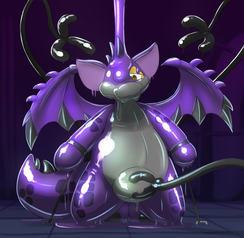 anthro bdsm big_bulge bondage bound bulge drone dronification glistening latex membrane_(anatomy) membranous_wings purple_body simple_background solo spiked_wings spikes spikes_(anatomy) tail transformation wings yellow_body sexotheque mythology neopets millaroth dragon kyrii mythological_creature mythological_scalie neopet_(species) scalie scorchio_(neopets) 2022 absurd_res digital_media_(artwork) hi_res