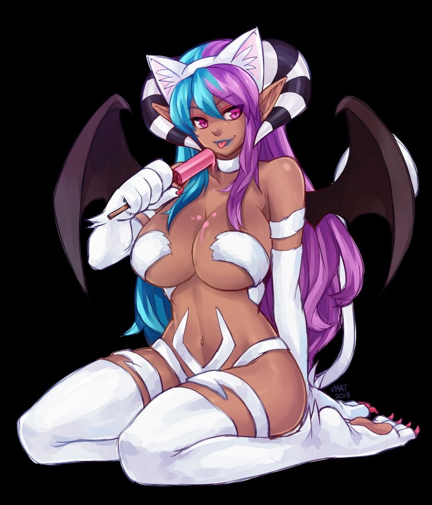 big_breasts breasts claws clothed clothing cosplay fake_cat_ears fake_ears female food holding_food holding_object holding_popsicle horn huge_breasts humanoid_pointy_ears lips navel not_furry pawpads paws popsicle sitting skimpy solo tan_body tan_skin tongue tongue_out wings vmat capcom darkstalkers felicia_(darkstalkers) vivica_(akukun) demon demon_humanoid humanoid 2019 hi_res