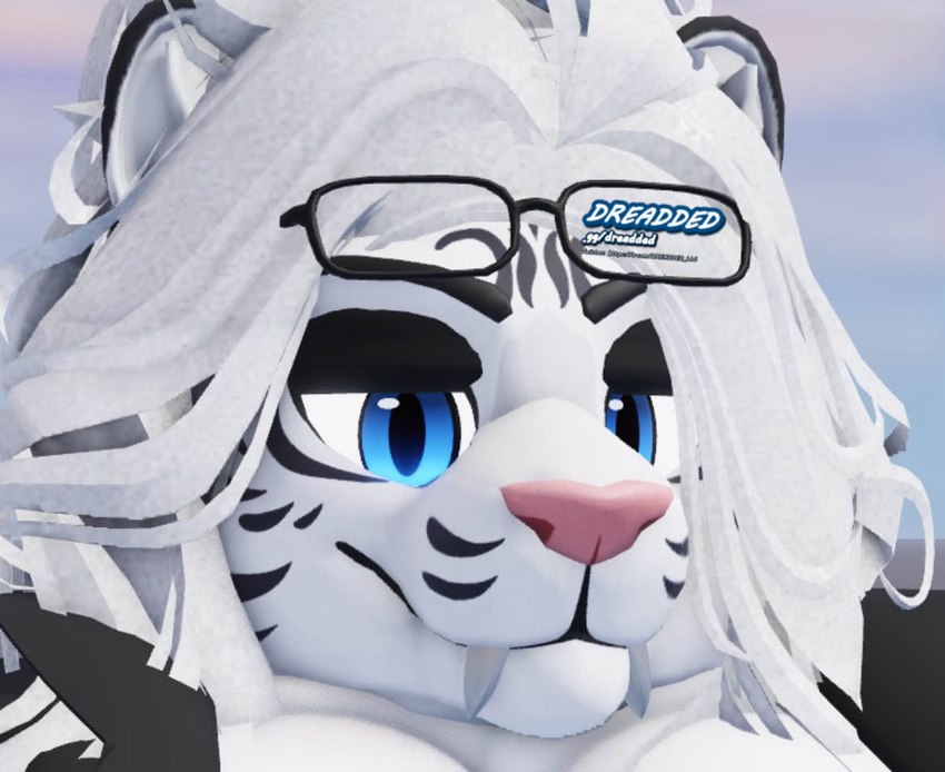 anthro blue_eyes eyewear eyewear_on_head fangs female glasses glasses_on_head hair mature_female solo teeth white_hair dreadded_llc roblox veronica_(dreadded) felid mammal pantherine tiger 3d_(artwork) digital_media_(artwork)