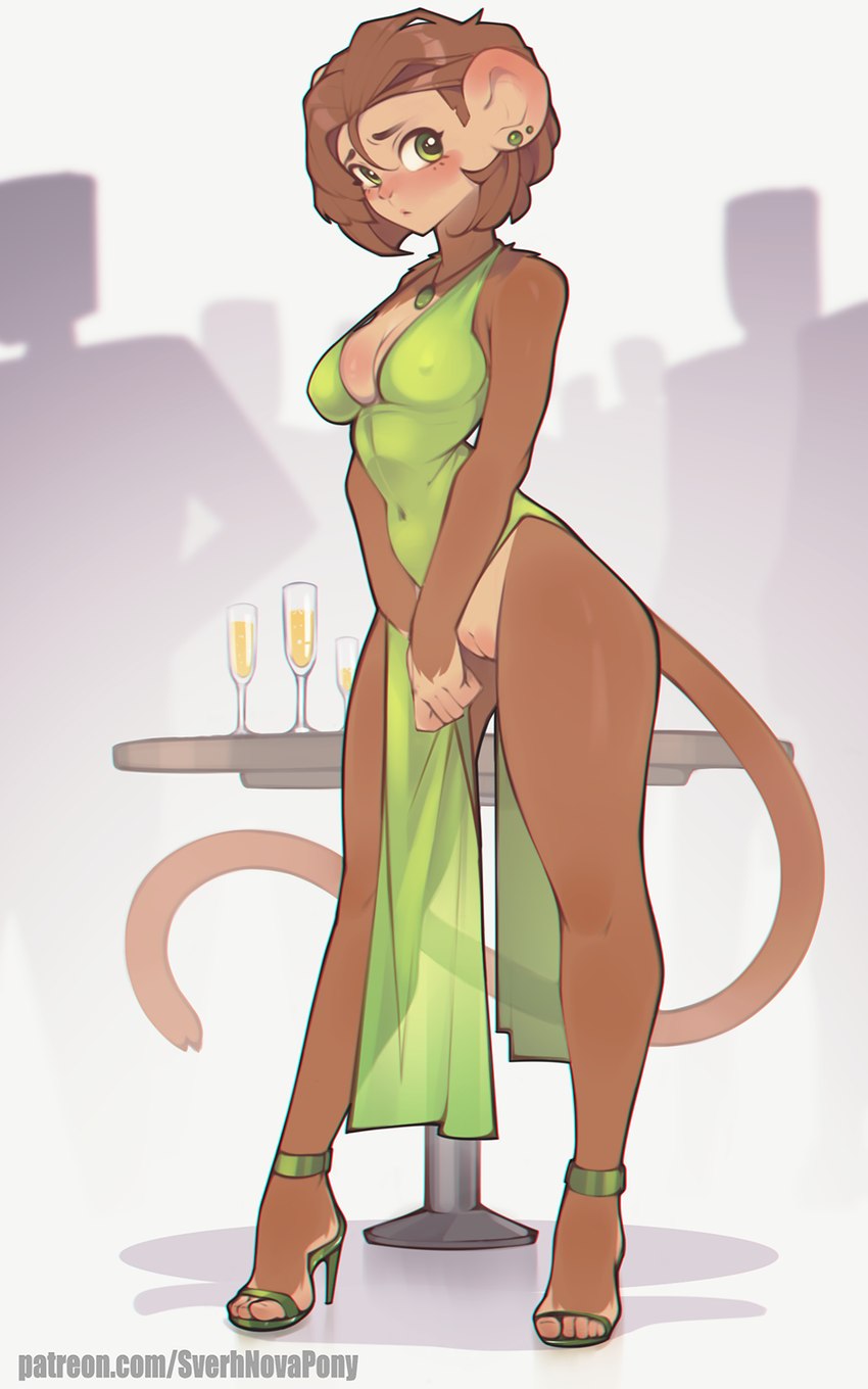 5_toes alcohol ankle_strap_heels anthro beverage blush bottomless brown_body brown_fur brown_hair champagne champagne_glass clothed clothing clothing_aside container cup dress dress_aside drinking_glass ear_piercing feet female footwear front_view fur furniture genitals glass glass_container glass_cup green_clothing green_dress green_eyes green_footwear green_high_heels hair high_heeled_sandals high_heels humanoid_feet jewelry looking_at_viewer navel_outline necklace nipple_outline no_underwear piercing plantigrade pussy sandals shoes slit_dress solo standing table tail text toes sverhnovapony moxie_(somerse) haplorhine mammal monkey primate 2023 5:8 hi_res url