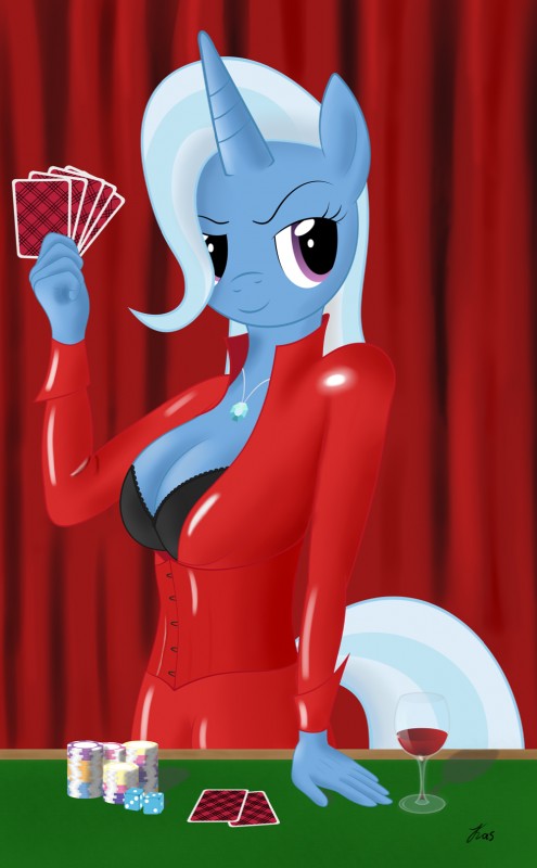 alcohol anthro anthrofied bent_arm beverage biped blue_body blue_fur blue_hair breasts card card_game card_hand casino cleavage clothed clothing container craps cup d6 dice drinking_glass extended_arm female food fur gambling gaming glass glass_container glass_cup hair hair_over_eye half-closed_eyes holding_card holding_object horn jewelry long_hair looking_at_viewer multicolored_hair narrowed_eyes necklace one_eye_obstructed playing_card poker poker_chip purple_eyes raised_hand smile solo stack standing two_tone_hair wine wine_glass kasaler friendship_is_magic hasbro my_little_pony mythology trixie_(mlp) equid equine mammal mythological_creature mythological_equine unicorn hi_res