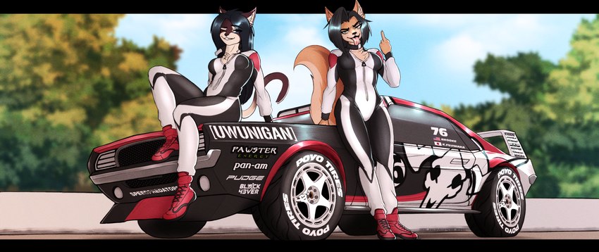 anthro car cat_tail clothing decal dog_tail duo ears_up female footwear gesture greddy grin hand_gesture hks hoonigan kaede_(blackspoiler) kendra_(blackspoiler) middle_finger motor_vehicle nature outside plant pose posing_for_picture pro-am race_car race_queen rally_car shoes sitting_on_car sitting_on_vehicle sky smile smirk tail tongue tongue_out tree vehicle blackspoiler alpine_(brand) brembo chevrolet_camaro monster_energy nos_(brand) pirelli sparco toyo_tires canid canine canis domestic_cat domestic_dog felid feline felis mammal absurd_res hi_res