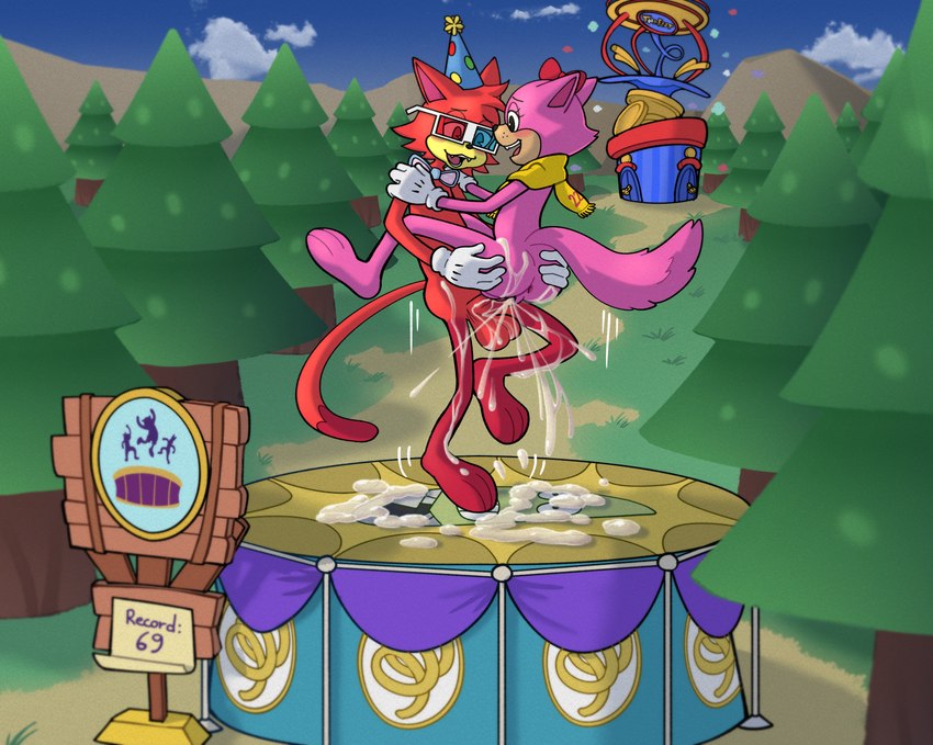 anthro duo female fur male pink_body pink_fur plant red_body red_fur sign text toony toony_eyes trampoline tree sonicinmind toontown_corporate_clash toontown_online pancake_(toontown) wacky_laffenbutter_(toontown) domestic_cat felid feline felis mammal absurd_res hi_res