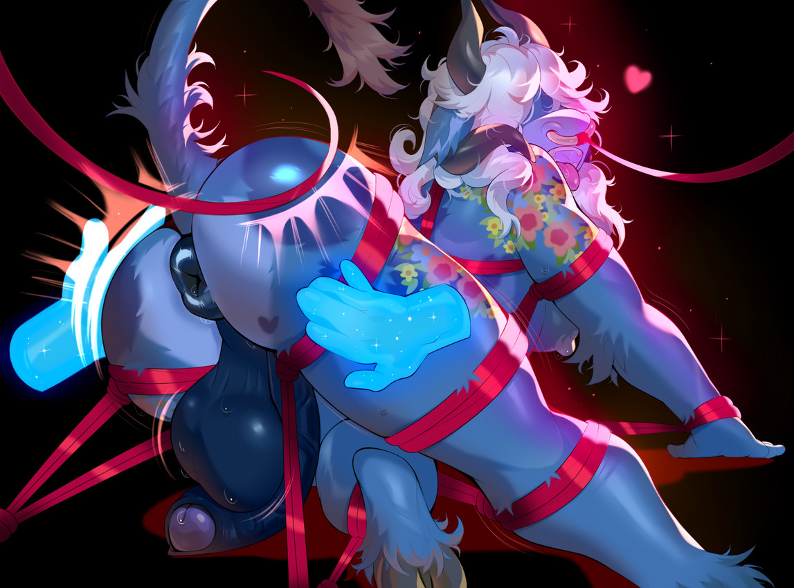 ahegao anthro anus balls bdsm big_anus big_balls big_penis blue_body bodily_fluids bondage bound butt_slap disembodied_hand facial_piercing flaccid foreskin genital_fluids genitals ghost_hand gynomorph hair heart_symbol hooves horn huge_balls intersex looking_pleasured nose_piercing nose_ring penis piercing precum restraints ring_piercing rope rope_bondage slap solo tongue tongue_out whip whipping whipping_butt white_hair neysheli bovid bovine cattle mammal hi_res