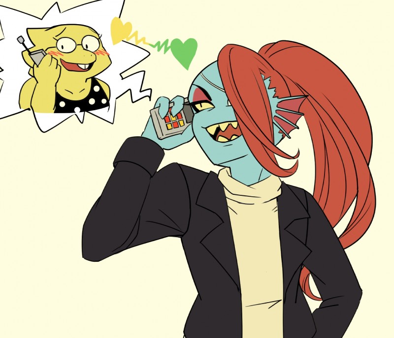 anthro bar_phone bare_shoulders blue_body blue_skin cellphone clothing duo ear_fins electronics eye_patch eyewear female fin glasses hair heart_symbol long_hair open_mouth phone ponytail red_hair scales sharp_teeth simple_background teeth tongue yellow_body yellow_eyes yellow_scales konbas undertale undertale_(series) alphys undyne fish lizard marine reptile scalie 2016 hi_res