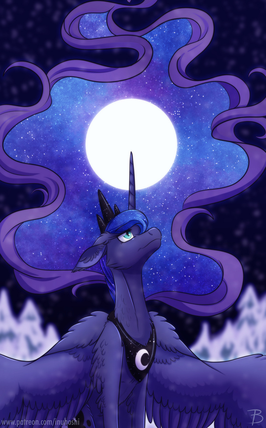 blue_eyes blue_hair crown ethereal_hair female full_moon hair headgear horn jewelry moon necklace snow snowing solo star tiara wings inuhoshi-to-darkpen friendship_is_magic hasbro my_little_pony mythology winter_solstice princess_luna_(mlp) equid equine mammal mythological_creature mythological_equine winged_unicorn blue_theme hi_res