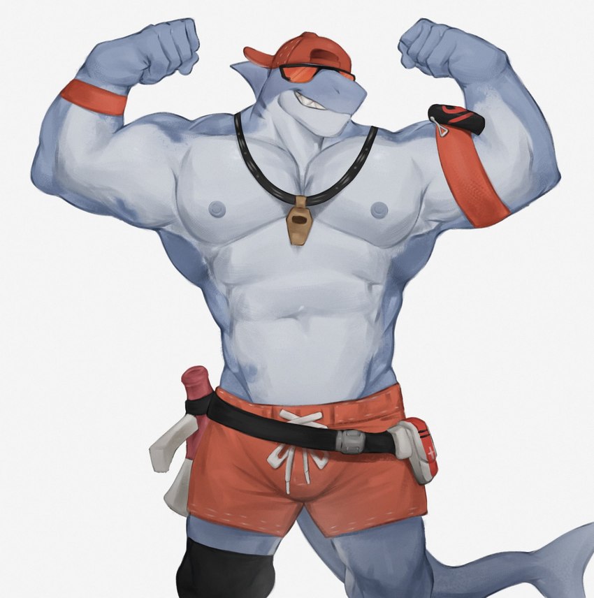 anthro armband backwards_baseball_cap backwards_hat baseball_cap clothing eyewear flexing flexing_bicep flexing_both_biceps hat headgear headwear male multicolored_body muscular muscular_male nipples shark_tail solo sunglasses swimming_trunks swimwear two_tone_body ryandidindoome epic_games fortnite safety_first_steve_(fortnite) fish marine shark hi_res