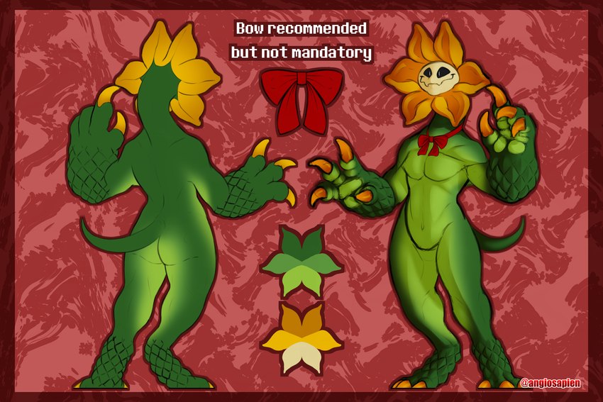 anthro black_sclera bow_ribbon claws featureless_chest featureless_crotch flower green_body male nude plant smile solo standing angiosapien undertale undertale_(series) flowey_the_flower elemental_creature flora_fauna flower_creature monster 3:2 digital_media_(artwork) hi_res model_sheet