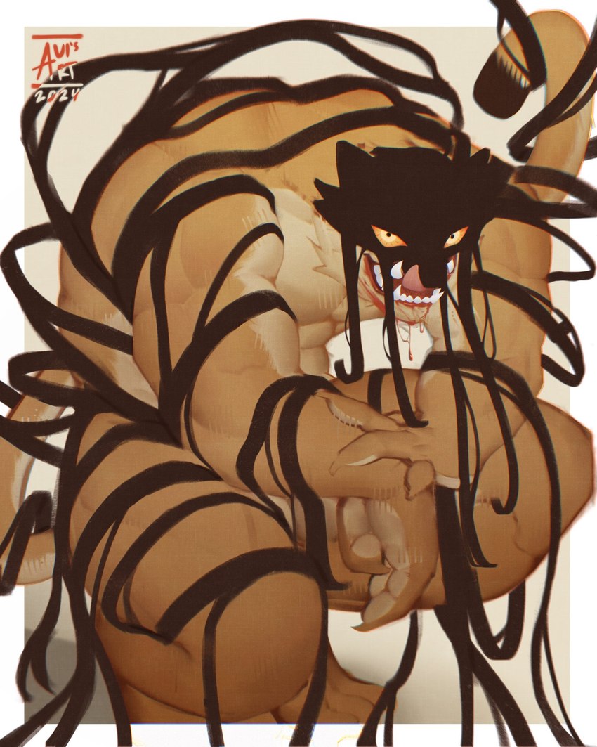 anthro barazoku bent_legs biceps blood blood_drip blood_from_mouth blood_in_mouth bodily_fluids casual_nudity claws crouching dripping facial_markings fangs fur head_markings licking licking_lips licking_own_lips looking_at_viewer male markings mask mask_(marking) muscular muscular_anthro muscular_male nude orange_body orange_fur pose solo stripes tail tasteful_nudity teeth tongue tongue_out yellow_eyes usernames_avi dream_tiger_(govy9807) felid mammal pantherine tiger hi_res signature