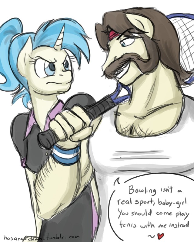 accessory angry annoyed anthro anthrofied blue_eyes blue_hair body_hair brown_hair chest_hair clothing duo facial_hair female flirting hair headband horn male mustache racket shirt simple_background sweatband tank_top tennis_racket text topwear white_background hasana-chan friendship_is_magic hasbro my_little_pony mythology ace_(mlp) pinny_lane_(mlp) equid equine mammal mythological_creature mythological_equine unicorn 2013 4:5 english_text hi_res