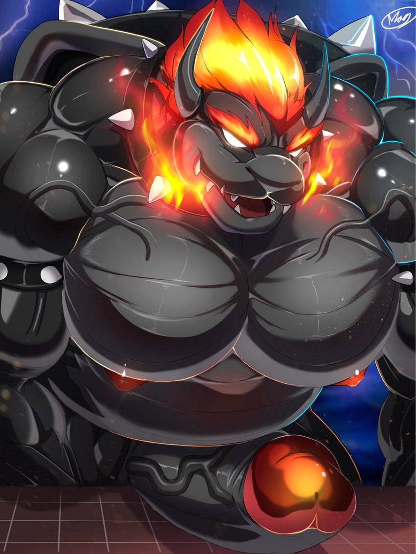 2_horns anthro armband barazoku belly big_muscles big_pecs big_penis black_body breath_powers collar collar_only elemental_manipulation erection eyebrows fire fire_breathing fire_manipulation genitals grey_body hair horn huge_muscles huge_penis humanoid_genitalia humanoid_penis lightening macro male musclegut muscular muscular_anthro muscular_male narrowed_eyes nipples nude open_mouth open_smile outdoor_nudity outside pecs penis shell skinny_dipping smile solo spiked_armband spiked_collar spiked_shell spikes spikes_(anatomy) standing storm swimming_pool teeth thick_penis tongue vein water white_eyes magangz bowser's_fury mario_bros nintendo bowser fury_bowser koopa scalie 2021 3:4 hi_res signature