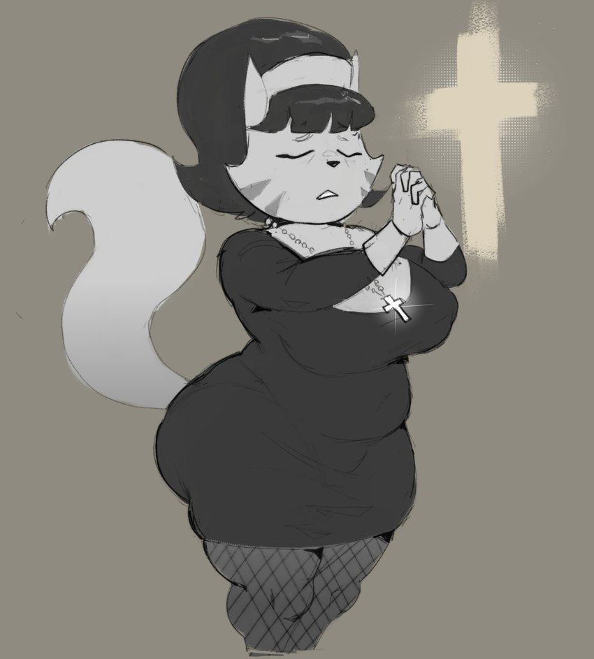 anthro belly big_breasts big_butt breasts butt clothing cross crucifix eyes_closed female fishnet_clothing fishnet_legwear legwear markings mature_female nipple_outline nun_outfit praying slightly_chubby slightly_chubby_female solo striped_markings stripes tail thick_thighs estebon89 nickelodeon t.u.f.f._puppy mrs._katswell domestic_cat felid feline felis mammal 2025 hi_res monochrome portrait three-quarter_portrait