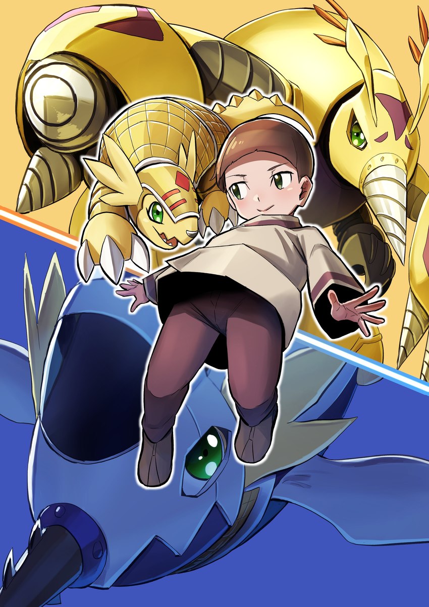 bowl_cut brown_hair claws drill drill_arm drill_nose duo evolutionary_family feral green_eyes hair male smile yellow_body young hase_popopo bandai_namco digimon cody_hida armadillomon digimon_(species) digmon human mammal submarimon absurd_res hi_res