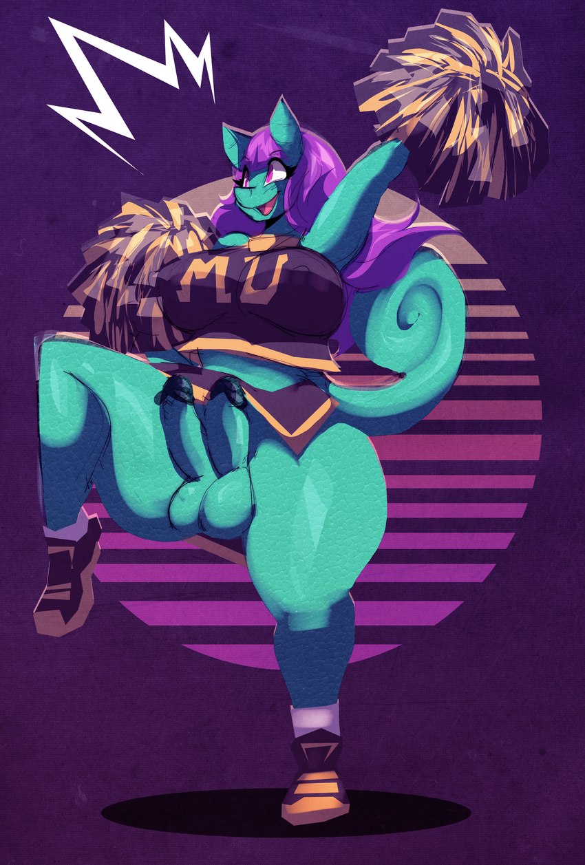 2_penises anthro big_breasts breasts cheerleader cheerleader_outfit cheerleader_pose clothed clothing diphallism facial_horn genitals gynomorph hair horizontal_diphallism horn intersex multi_genitalia multi_penis non-mammal_breasts nose_horn penis pom_poms purple_eyes purple_hair solo teal_body thick_thighs topwear riendonut jackie_(radvengence) chameleon jackson's_chameleon lizard reptile scalie 2019 absurd_res digital_media_(artwork) hi_res