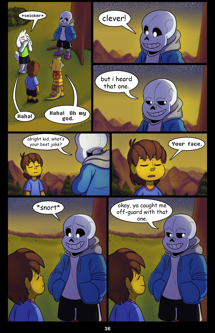 bone dialogue group humor jokes male not_furry_focus skeleton speech_bubble text absolutedream undertale undertale_(series) asriel_dreemurr frisk_(undertale) monster_kid sans_(undertale) animated_skeleton boss_monster_(undertale) bovid caprine human lizard mammal reptile scalie undead absurd_res comic comic_sans english_text hi_res