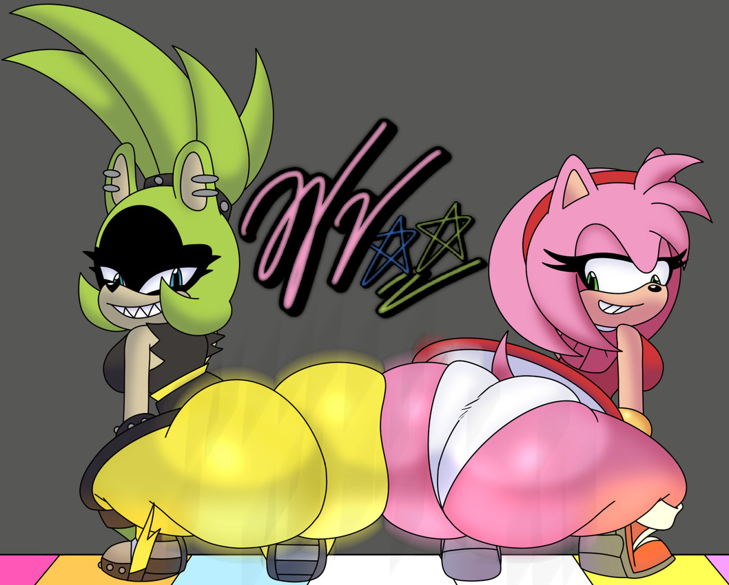 anthro big_butt bottom_heavy breasts butt butt_on_butt butt_squish crouching dance_floor duo female huge_butt looking_back motion_blur narrowed_eyes sharp_teeth small_breasts smug_grin squish teeth thick_thighs tiptoes twerking wifeyvoo idw_publishing sega sonic_the_hedgehog_(comics) sonic_the_hedgehog_(idw) sonic_the_hedgehog_(series) amy_rose surge_the_tenrec afrosoricid eulipotyphlan hedgehog mammal tenrec hi_res
